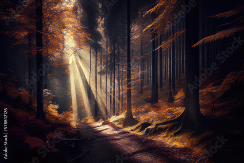 Autumn forest scenery with rays of warm light. 