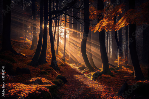 Autumn forest scenery with rays of warm light. 