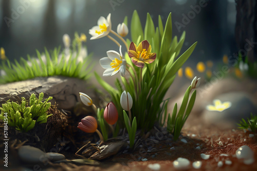 Spring concept background, close up of spring flowers in garden or meadow, generative ai