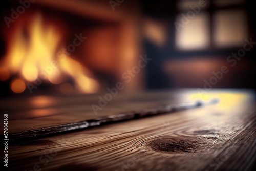 Empty wooden surface with blurred fireplace on background. Product background for montage