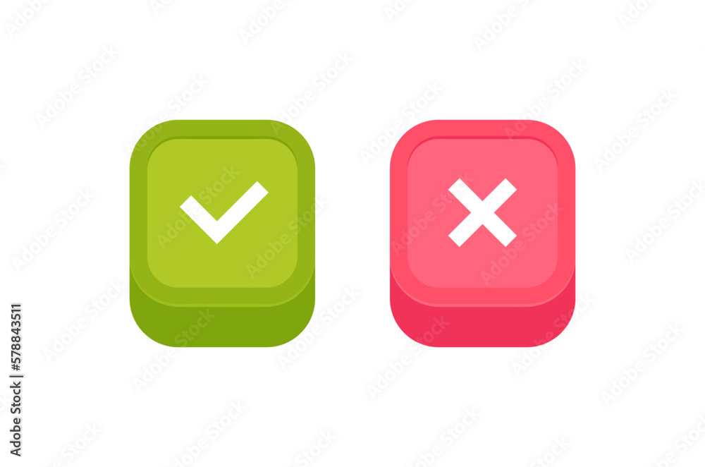 Check and cross mark icons on 3d colorful buttons. Design concept for web and mobile apps. Yes or no, do's or don'ts. Vector Illustration Check and cross mark icons on 3d colorful buttons. Design concept for web and mobile apps. Yes or no, do's or don'ts. Vector Illustration