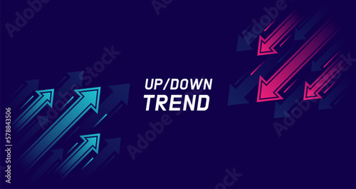 Up and down trend with arrows isolated on dark background. Stock exchange concept. Trader profit and loss. Vector illustration