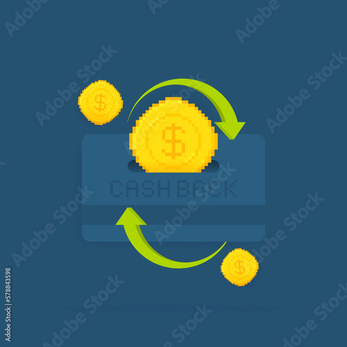 Cash back to a credit card. Pixel art coins dropping into bank card. Financial services, cash back concept, finance saving, money refund, investment, currency exchange. Vector illustration