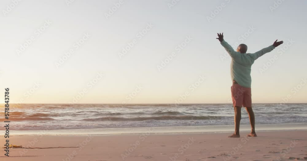 Happy senior african american man widening arms at beach, in slow motion, with copy space Happy senior african american man widening arms at beach, in slow motion, with copy space