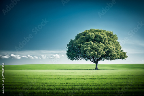 Tree in green field and blue sky, background, generative ai