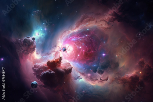 Pink nebula with stars. Fantasy galaxy generative AI background