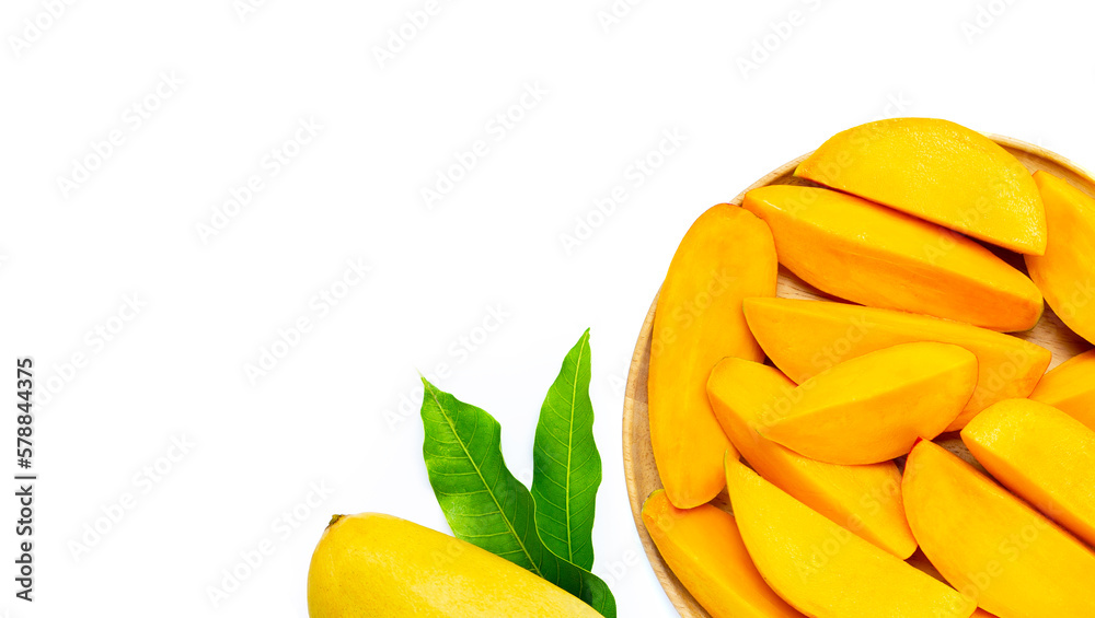 Tropical fruit, Mango slices on wooden plate on white background. Tropical fruit, Mango slices on wooden plate on white background.