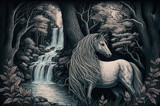 unicorn standing in the forest in front of a waterfall, fairy tale forest, legendary figure