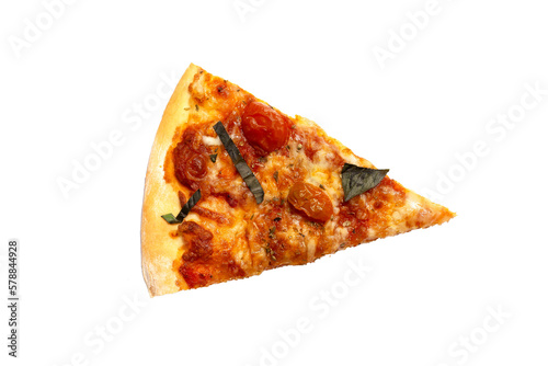 Pizza cut in slice on white background.