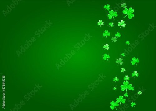 St patricks day background with shamrock. Lucky trefoil confetti. Glitter frame of clover leaves. Template for special business offer, banner, flyer. Festive st patricks day backdrop
