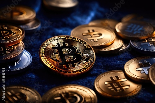Bitcoin crypto currency coin, a dark contrast realistic photograph. Generative AI.
