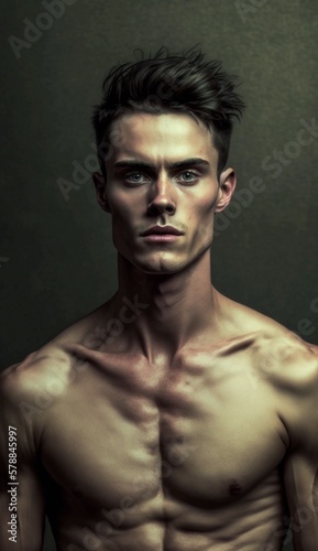  Young skinny guy, fitness model, with a strong jaw and pronounced cheekbones, dark hair, photo shoot.. Generative AI. © Artem