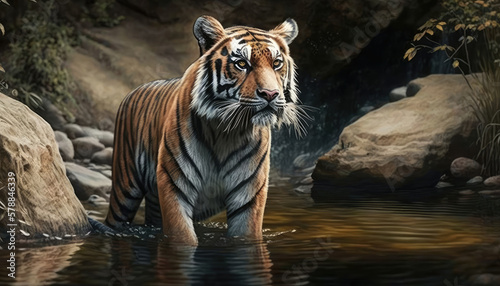 tiger standing in a small pond  lifelike