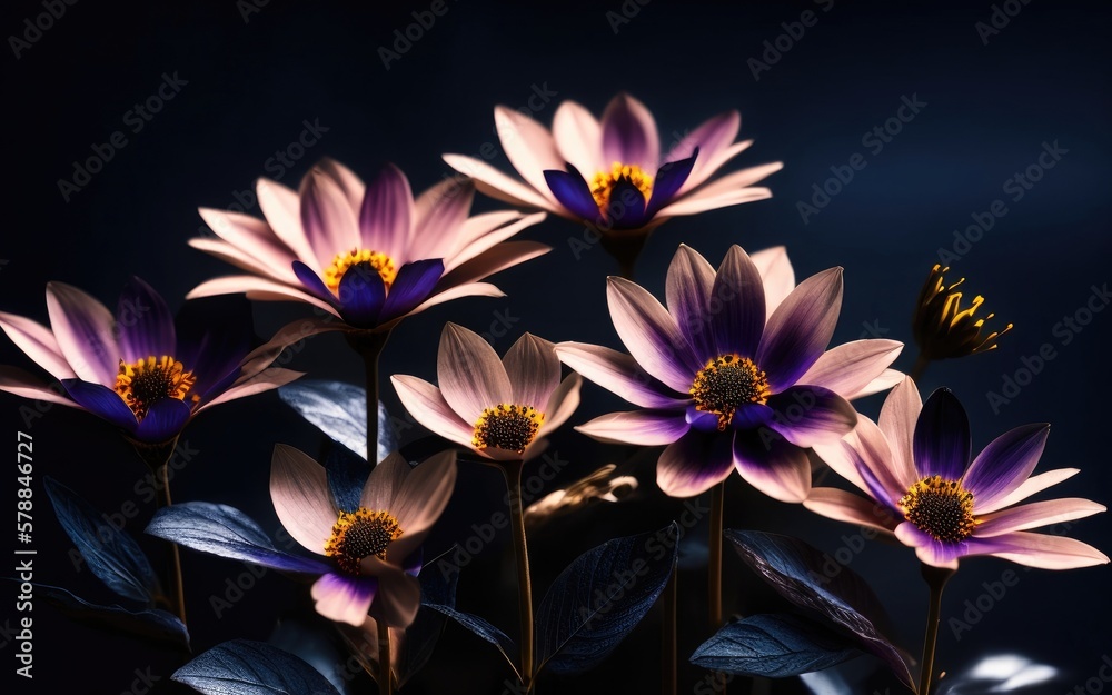 Flowers, beautiful, dark contrast scene with low key lighting, with a blurred gradient backdrop. Generative AI.