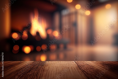 Empty wooden surface with blurred fireplace on background. Product background for montage
