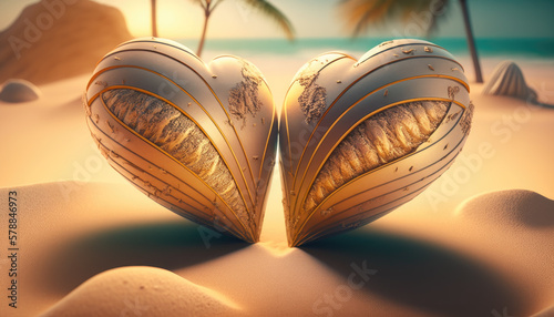 Two hearts made of shells and sand on the beach created with generative AI technology