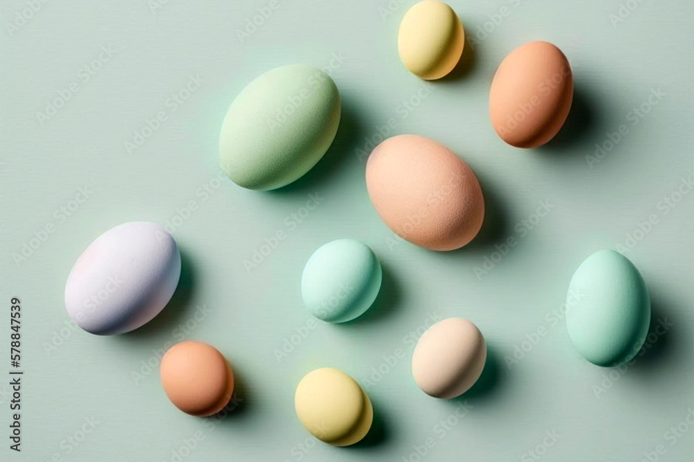 Creative minimal concept. Easter day. Pastel colored easter eggs on light green background. Illustration. Generative AI. Creative minimal concept. Easter day. Pastel colored easter eggs on light green background. Illustration. Generative AI.