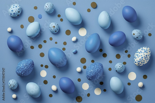 Hand painted blue easter eggs, with polka dots on soft blue background from above. Creative minimal concept. Illustration. Generative Ai