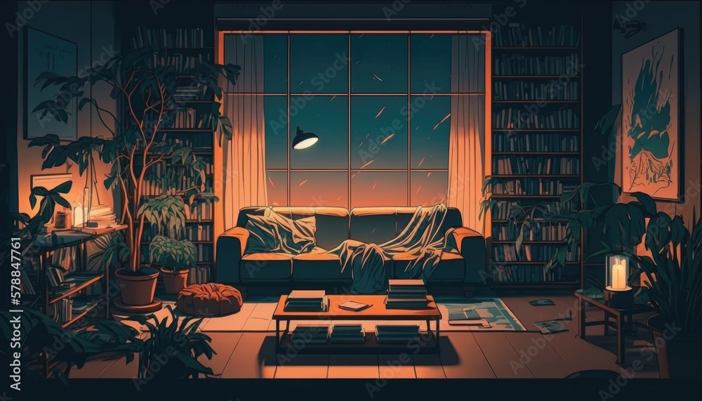 Lo fi chill living room, purple colors, generative ai Stock ...