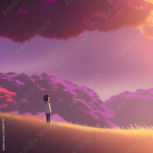 abstract nature boy thinking about life in a purple forest anime vibe. Created with Generative AI.
