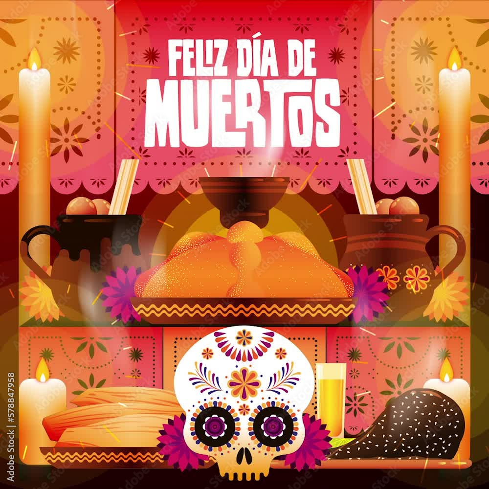 Ofrenda para día de muertos con comida típica mexicana y una calavera de azúcar. 