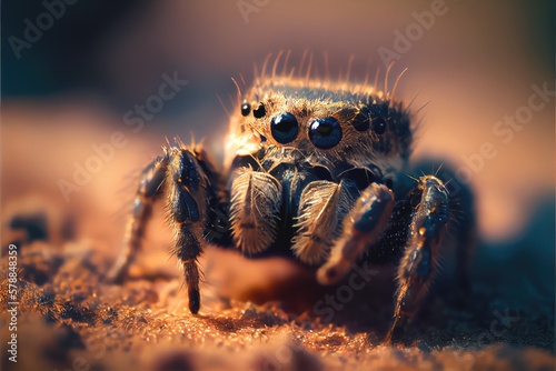 Little cute jumping spider. Colorful macro. Photorealism, close up