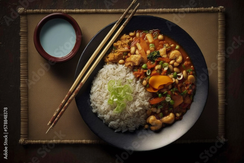 Chinese food with rice and thai sauce. Asian traditional classic cuisine meal arrangement. Ai generated.