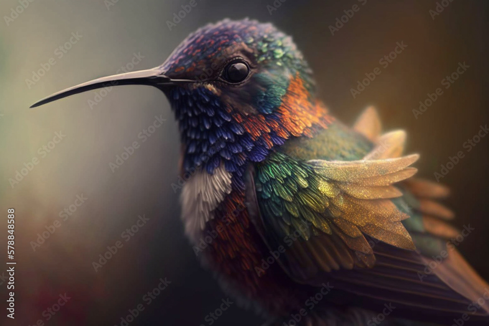 Fototapeta premium Incredible and beautiful colorful colibiri bird illustration. Exotic colorful hummingbird. Ai generated