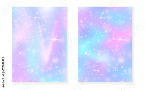 Princess background with kawaii rainbow gradient. Magic unicorn hologram.