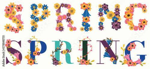 Inscription spring in English with flowers. English word made with flowers. Colorful letters with spring beautiful flowers. Lettering for spring postcard, banner or for print. Promotional poster