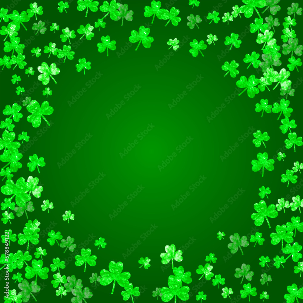 Shamrock background for Saint Patricks Day. Lucky trefoil confetti. Glitter frame of clover leaves.. Template for flyer, special business offer, promo. Festive shamrock background. Shamrock background for Saint Patricks Day. Lucky trefoil confetti. Glitter frame of clover leaves.. Template for flyer, special business offer, promo. Festive shamrock background.