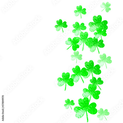Shamrock background for Saint Patricks Day. Lucky trefoil confetti. Glitter frame of clover leaves.. Template for gift coupons  vouchers  ads  events. Festive shamrock background.
