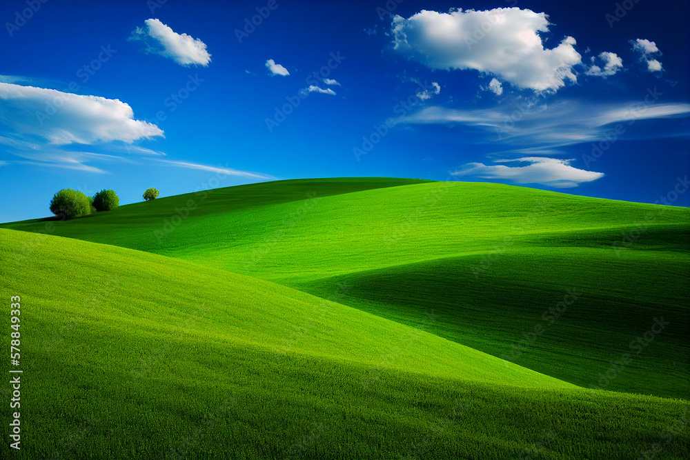 spring landscape with rolling green hills and light blue sky. generative ai spring landscape with rolling green hills and light blue sky. generative ai