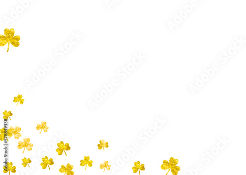 Shamrock background for Saint Patricks Day. Lucky trefoil confetti. Glitter frame of clover leaves. Template for gift coupons, vouchers, ads, events. Festal shamrock background.