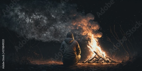 A man near the campfire and the night sky with stars. Outdoor background. View from the back