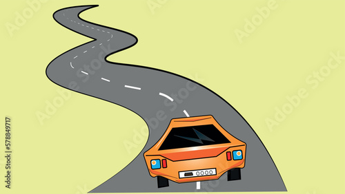 A long road. On the road, a car drives away towards its destination.