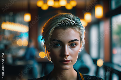 woman with short blond hair, made up