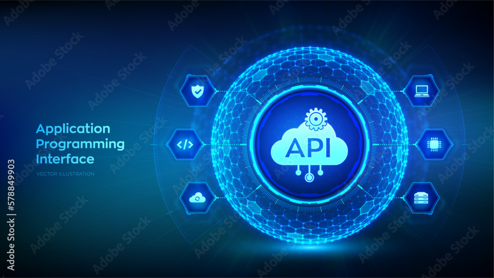 API. Application Programming Interface in the shape of sphere with hexagon grid pattern. Software development tool, cloud computing, information technology and business concept. Vector illustration.