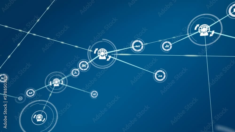 Animation of network of connections with icons over blue background Animation of network of connections with icons over blue background