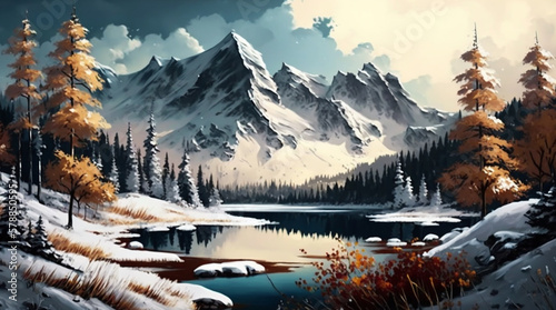 Winter Scene With Mountain and Lake Generative AI