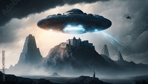 Billede på lærred An giant alien spacecraft hovering above the ancien citadel its strange energy radiating through the air
