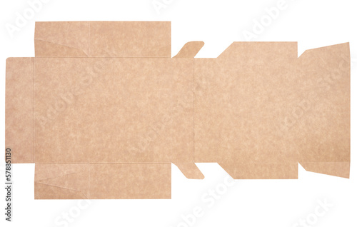A brown cardboard box in an unfolded state on a white isolated background, food packaging, merchandise, top view