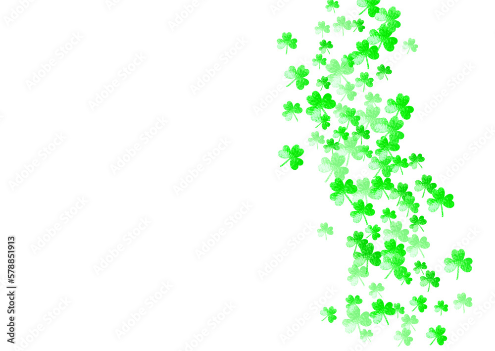 Shamrock background for Saint Patricks Day.  Lucky trefoil confetti. Glitter frame of clover leaves. Template for gift coupons, vouchers, ads, events. Happy shamrock background.