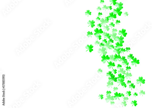 Shamrock background for Saint Patricks Day.  Lucky trefoil confetti. Glitter frame of clover leaves. Template for gift coupons  vouchers  ads  events. Happy shamrock background.