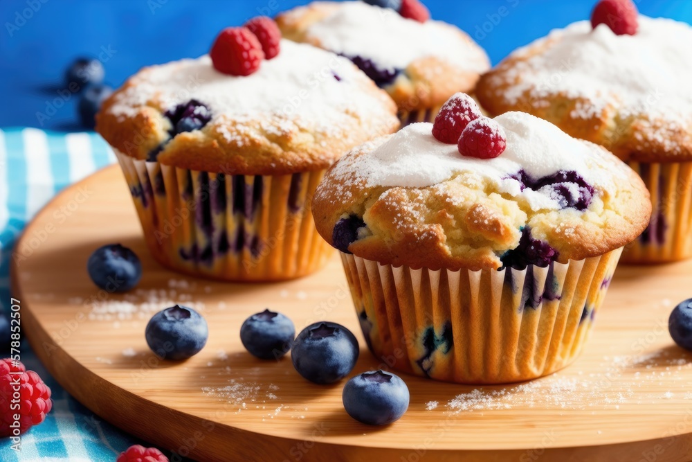 freshly baked blueberry muffins with sugar powder, generative ai, on a natural wooden board