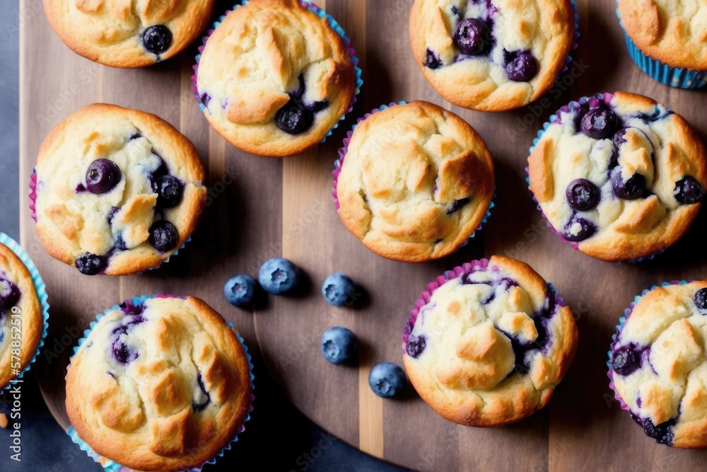 freshly baked blueberry muffins with sugar powder, generative ai, on a natural wooden board