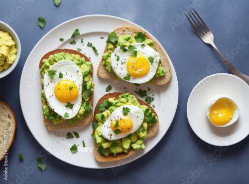 Avocado toast with poached egg on a wooden board, generative ai, healthy food. Breakfast concept.