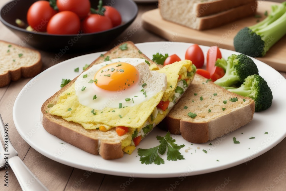 Fried omelette with vegetables on a plate on old wooden background, generative ai, colorful omelette chopped fresh parsley. Breakfast recipe with eggs. Closeup Fried omelette with vegetables on a plate on old wooden background, generative ai, colorful omelette chopped fresh parsley. Breakfast recipe with eggs. Closeup