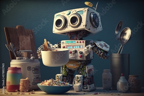 Robot cooking breakfast made of toys  concept of Toy-Inspired Cooking and Automated Meal Preparation  created with Generative AI technology