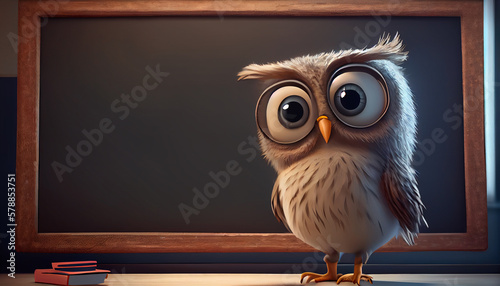Cute Cartoon Owl in Front of a Blackboard. Generative AI
